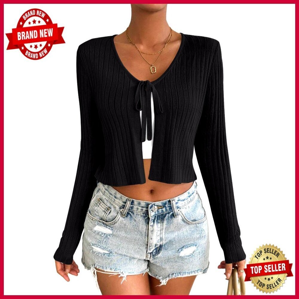 Tie Front Cardigan Long Sleeve Rib Knit Shrug for Dresses